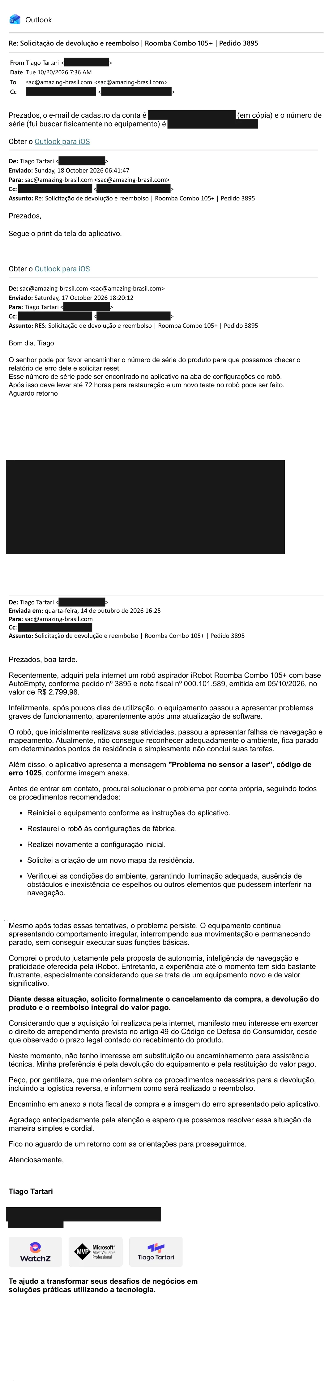 Troca de e-mails com o SAC da Amazing Brasil, de 14/10 a 20/10/2026