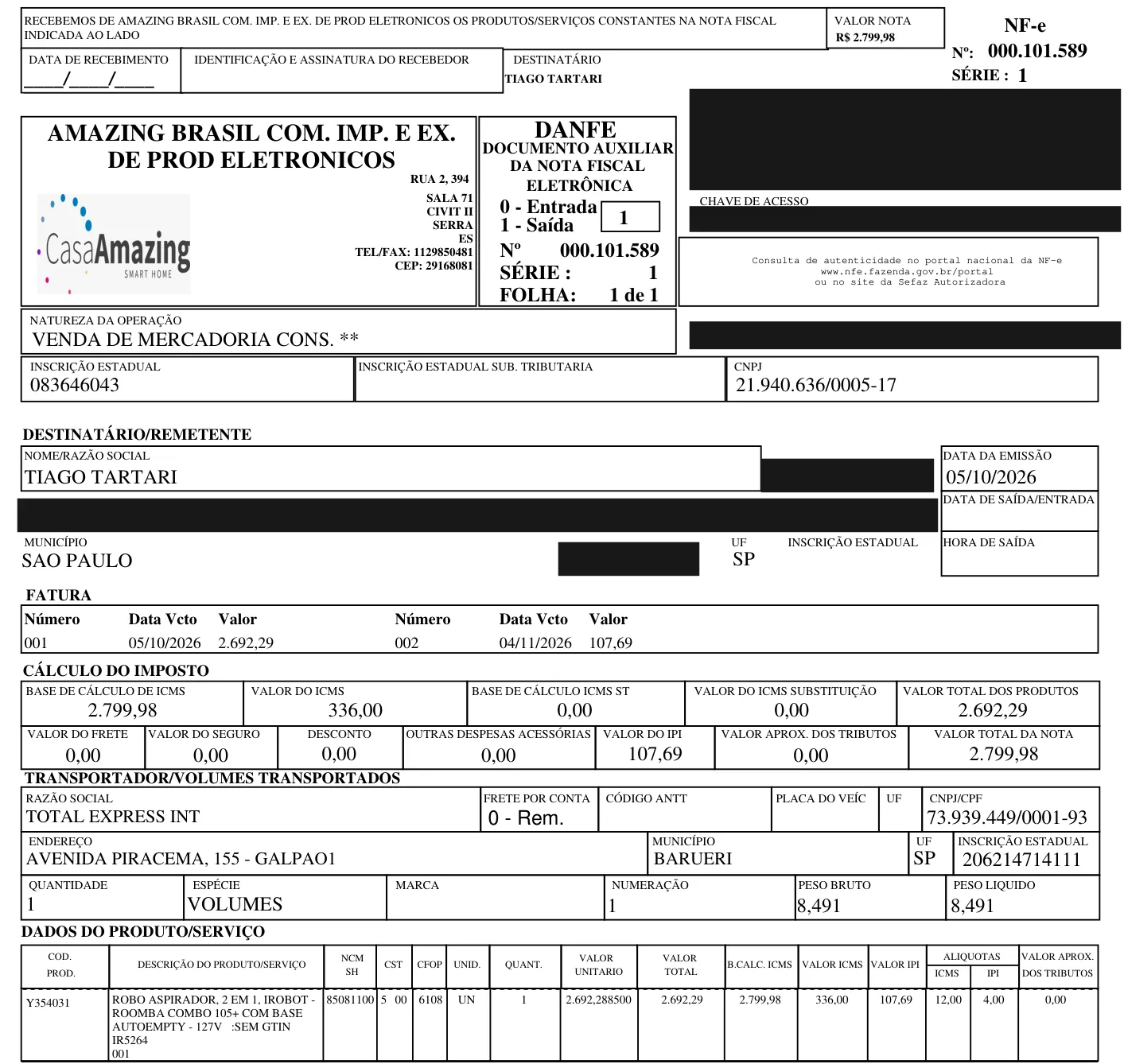 Nota fiscal 000.101.589 da Amazing Brasil para o Roomba Combo 105+, com dados pessoais tarjados