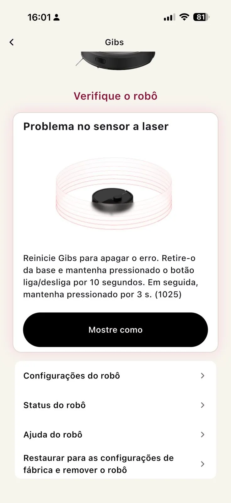 Print do erro 1025 'Problema no sensor a laser' no aplicativo iRobot Home